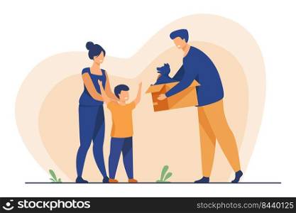 Happy family with child adopting pet. Father giving box with puppy dog to his son. Vector illustration for animal care, adoption, charity concept