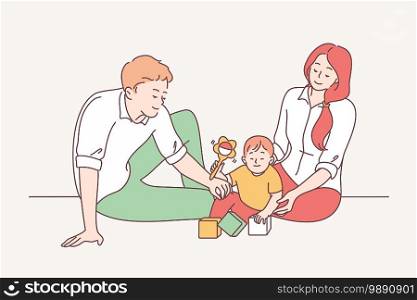 Happy family with child, parenthood, childhood concept. Young smiling Parents father and mother Sitting On Floor at home and playing with little boy baby son together factor illustration . Happy family with child, parenthood, childhood concept