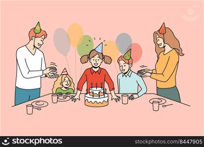 Happy family with children celebrate birthday blowing candles on cake. Excited kid with parents have fun on anniversary celebration. Vector illustration.. Happy parents and kids celebrate birthday