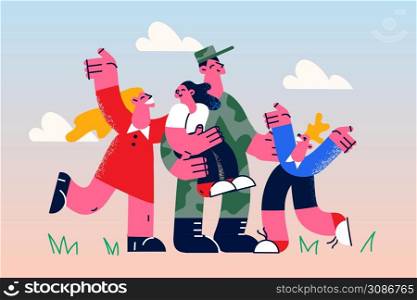 Happy family with children meet hug father come home from army. Smiling excited woman with kids embrace dad soldier return from war. Reunion and bonding. Vector illustration. . Happy mother and kids meet father from army