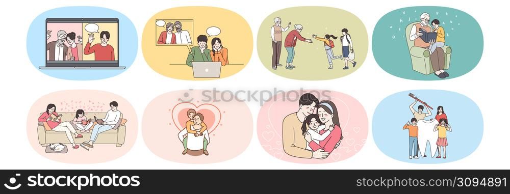 Happy family with children relax play on lockdown at home. Parents and kids talk communicate on video call on quarantine. Relative enjoy time together, show love and care. Vector illustration, set. Family and kids relax communicate on lockdown