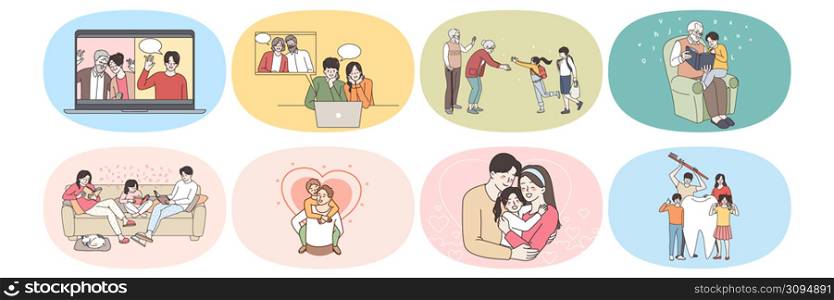 Happy family with children relax play on lockdown at home. Parents and kids talk communicate on video call on quarantine. Relative enjoy time together, show love and care. Vector illustration, set. Family and kids relax communicate on lockdown