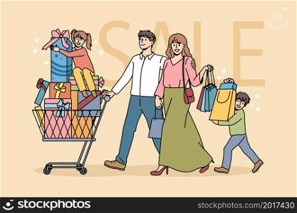 Happy family with children shopping together buying gifts for New Year in mall. Smiling parents and small kids purchase presents for Christmas winter holidays celebration. Flat vector illustration.. Happy family with kids shop for gifts together