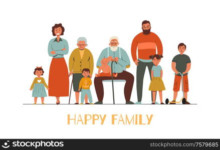 Happy family with different generations flat vector illustration