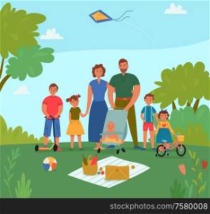 Happy family with five children on holiday having picnic in park flat vector illustration