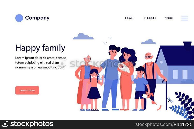 Happy family with grandparents and kids standing at house. Family with newborn child smiling outdoors flat vector illustration. Happy family concept for banner, website design or landing web page