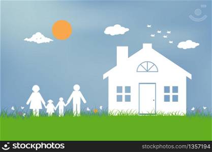 Happy family with home. Paper cut vector illustration