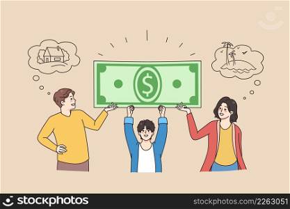 Happy family with kid carry dollar banknote saving for goal accomplishments. Smiling parents with child take bank mortgage or loan for plan realization. Financial stability. Vector illustration.. Happy family with kids holding dollar banknote