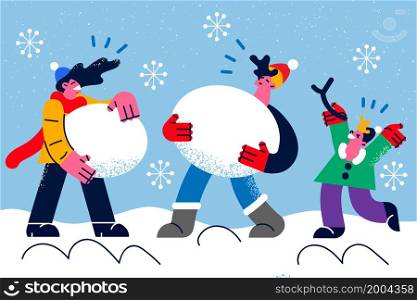 Happy family with kid have fun make snowman outdoor on winter holidays together. Overjoyed parents with child relax outside play with snowballs on vacation. Weekend, leisure. Vector illustration. . Happy family with child make snowman outdoor