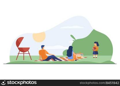 Happy family with kid relaxing on nature. Picnic, girl, BBQ flat vector illustration. Summer activity and weekend concept for banner, website design or landing web page