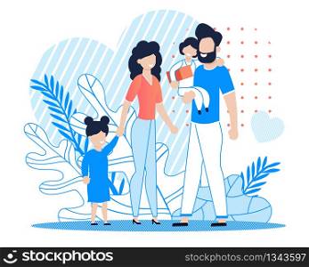 Happy Family with Kids Cartoon Flat Illustration. Vector Father Carrying Small Daughter with Gift in Hand. Mother with Elder Kid Greeting Girl. Love, Care and Health Relationship. Parents and Children. Happy Family with Kids Cartoon Flat Illustration