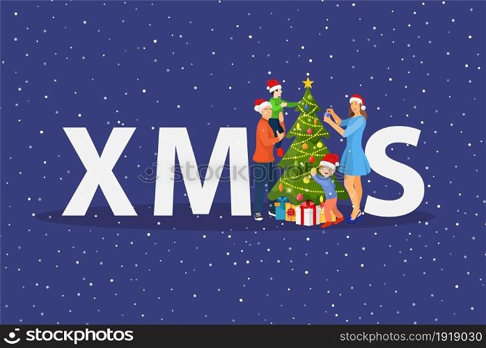happy family with kids decorating a christmas tree. Merry christmas holiday. New year and xmas celebration Vector illustration in a flat style .. happy family with kids decorating a christmas tree