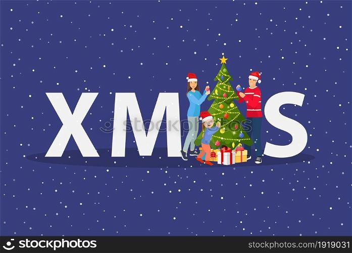 happy family with kids decorating a christmas tree. Merry christmas holiday. New year and xmas celebration Vector illustration in a flat style .. happy family with kids decorating a christmas tree