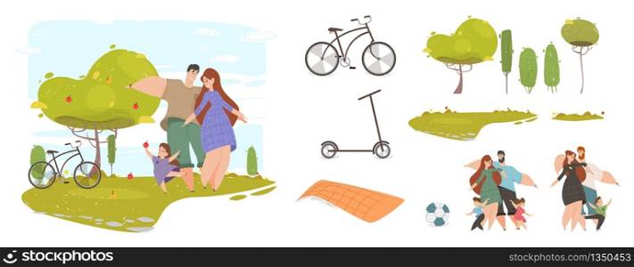 Happy Family with Kids in Park Set for Creation Design Composition. Mother, Father and Children Activity. Picnic, Ball, Bicycle, Scooter and Trees Elements Cartoon Flat Vector Illustration, Clip Art. Happy Family Kids in Park Set for Creation Design