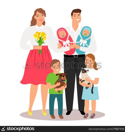 Happy family with new born twins and pets vector illustration. Family boy girl, mother and father. Happy family with new born twins and pets vector illustration