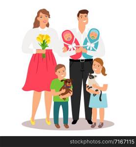 Happy family with new born twins and pets vector illustration. Family boy girl, mother and father. Happy family with new born twins and pets vector illustration