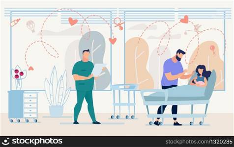 Happy Family with Newborn Baby and Man Doctor Holding Check List at Maternity Hospital Ward. Mom Lying in Clinic Bed and Hugging Infant. Husband Touching Wife. Vector Cartoon Flat Illustration. Family with Newborn and Doctor Holding Check List