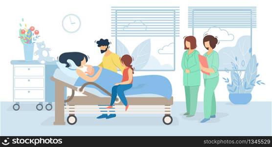 Happy Family with Newborn Baby in Chamber of Maternity Hospital. Delivery, Childbirth, Clinic Room with Mother Bed and Medical Staff, New Born Child, Mother, Father, Cartoon Flat Vector Illustration. Family with Newborn Baby in Chamber of Maternity