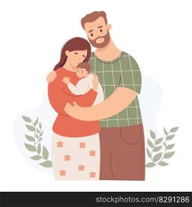 Happy family with newborn. Cute adult couple aged woman with child and man husband. Vector illustration in flat style. parents, motherhood, parenthood concept
