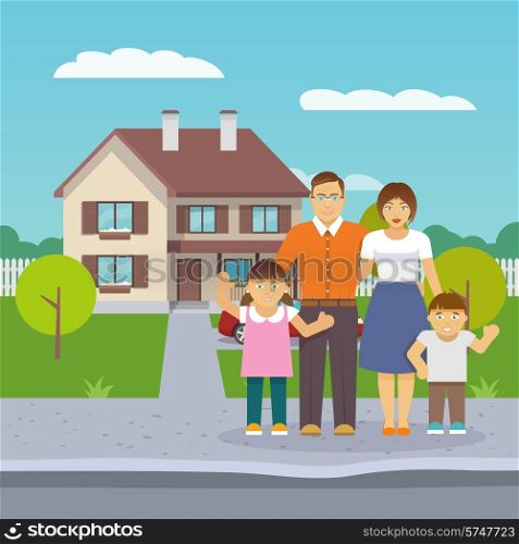 Happy family with parents and boy and girl children in front of the house flat vector illustration