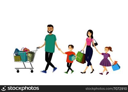 Happy family with shopping bags. Big discount in store. Flat design ,cartoon vector illustration. Happy family with shopping bags