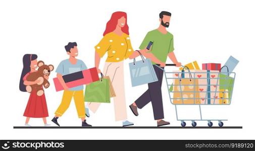 Happy family with shopping in hand and cart. Father carrying cart for purchases, mother and kids with packages. Buy food products and clothes. Cartoon flat style isolated illustration. Vector concept. Happy family with shopping in hand and cart. Father carrying cart for purchases, mother and kids with packages. Buy food products and clothes. Cartoon flat style isolated vector concept