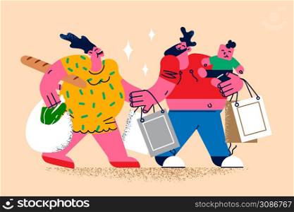 Happy family with small kid grocery shopping together. Smiling mother and father with baby infant hold bags buy products and goods. Parenting lifestyle. Flat vector illustration.. Happy family with baby grocery shopping together
