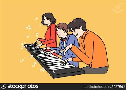 Happy family with son have fun playing one piano together. Smiling parents and kid enjoy weekend involved in music improvisation. Musician hobby and entertainment. Vector illustration. . Happy family musician play same piano 