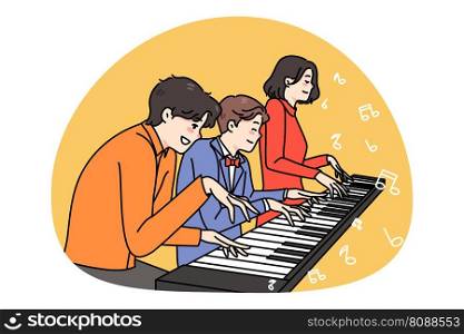 Happy family with son have fun playing one piano together. Smiling parents and kid enjoy weekend involved in music improvisation. Musician hobby and entertainment. Vector illustration.. Happy family musician play same piano