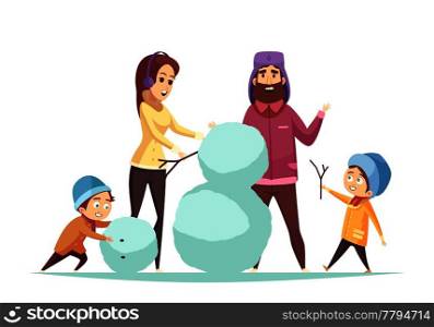 Happy family with two children making snowman at christmas on white background cartoon vector illustration. Cartoon Christmas Illustration
