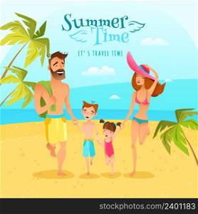 Happy family with two children spending summer season at seaside cartoon vector illustration. Family Season Summer Illustration