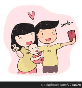 Happy family young parent taking selfie photo with baby, flat vector cute cartoon