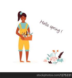 Happy farmer girl planting flowers. Spring garden works. Vector illustration. Happy farmer girl planting flowers. Spring works