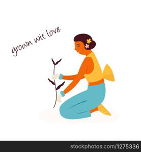 Happy farmer girl planting flowers. Spring garden works. Vector illustration. Happy farmer girl planting flowers. Spring works