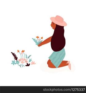 Happy farmer girl planting flowers. Spring garden works. Vector illustration. Happy farmer girl planting flowers. Spring works
