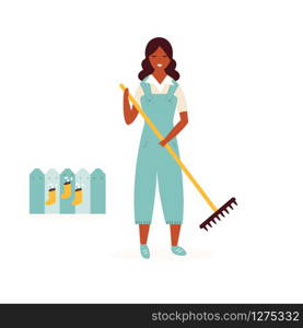 Happy farmer girl with rake cleaning garden. Garden works. Vector illustration. Happy farmer girl with rake cleaning garden.