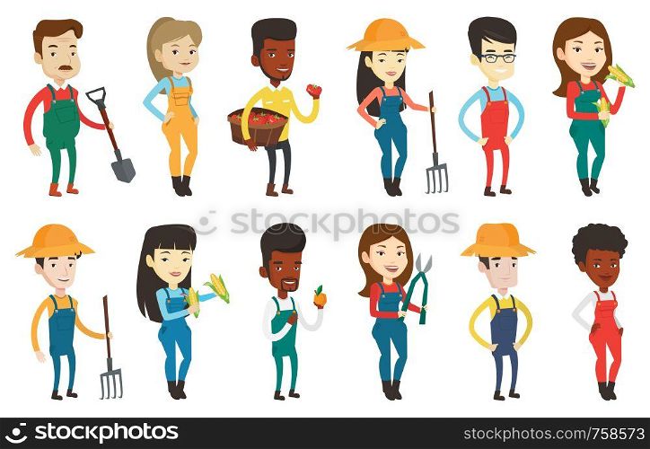 Happy farmer in summer hat standing with a pitchfork. Caucasian farmer holding a pitchfork. Young farmer working with a pitchfork. Set of vector flat design illustrations isolated on white background.. Set of agricultural illustrations with farmers.