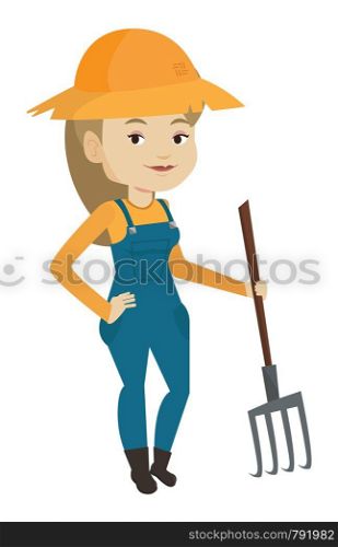 Happy farmer in summer hat standing with a pitchfork. Smiling caucasian farmer holding a pitchfork. Young farmer working with a pitchfork. Vector flat design illustration isolated on white background.. Farmer with pitchfork vector illustration.