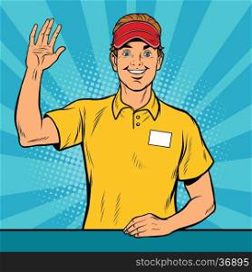 Happy fast food worker takes the order, pop art retro vector illustration. A restaurant employee fast food. The seller is in uniform