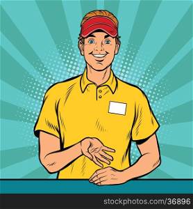 Happy fast food worker takes the order, pop art retro vector illustration. A restaurant employee fast food. The seller is in uniform