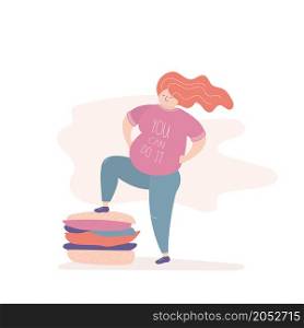 Happy fat girl put foot on a big hamburger,funny female wins overweight and overeating,you can do it concept,trendy style vector illustration