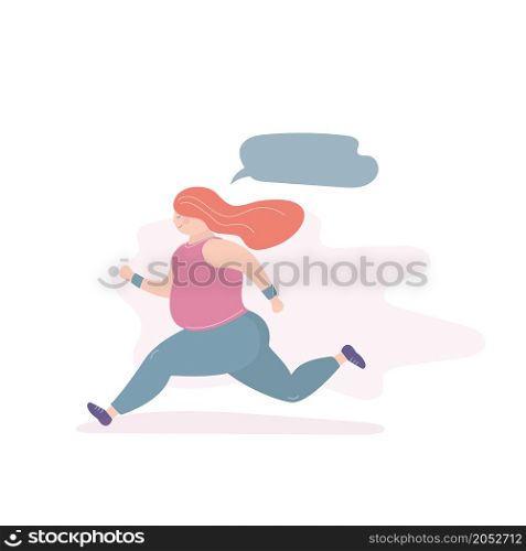 Happy fat girl running and thinking,funny fitness female with speech bubble,trendy style vector illustration
