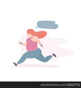 Happy fat girl running and thinking,funny fitness female with speech bubble,trendy style vector illustration