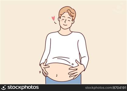 Happy fat man holding big belly feeling body positive. Smiling overweight guy with huge stomach with self-acceptance. Vector illustration. . Smiling fat man touching big belly
