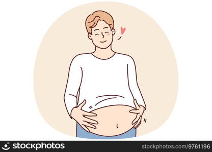 Happy fat man holding big belly feeling body positive. Smiling overweight guy with huge stomach with self-acceptance. Vector illustration.. Smiling fat man touching big belly