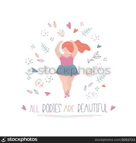 Happy fat woman,overweight female ballet dancer, weight problem, trendy style vector illustration