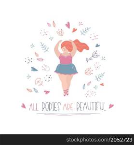 Happy fat woman,overweight female ballet dancer, weight problem, trendy style vector illustration