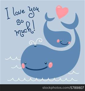 Happy Father&#39;s Day. Card with cute whales. Vector illustration.