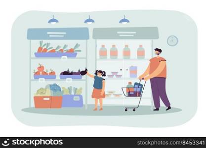 Happy father and daughter buying food in supermarket flat vector illustration. Cartoon dad wheeling shopping cart. Girl taking vegetable from aisle. Grocery store and parenthood concept