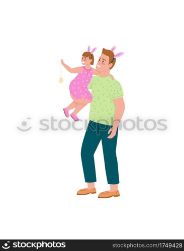 Happy father and daughter celebrating easter flat color vector detailed characters. Dad, child in bunny ears. Spring holiday isolated cartoon illustration for web graphic design and animation. Happy father and daughter celebrating easter flat color vector detailed characters